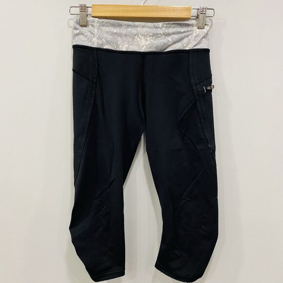 LULULEMON 4 Black Fast Free Crop Luxtreme 18” Ruched Leggings Floral Waist Run - Picture 13 of 16